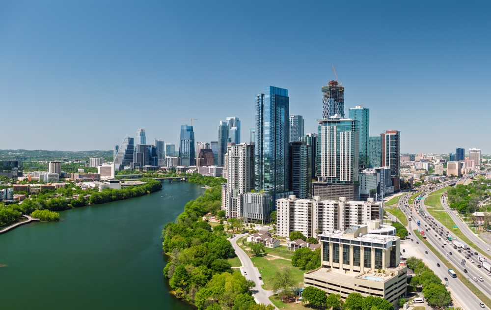 Aerial,Panoramic,Skyline,Of,Austin,Texas,From,The,East,With